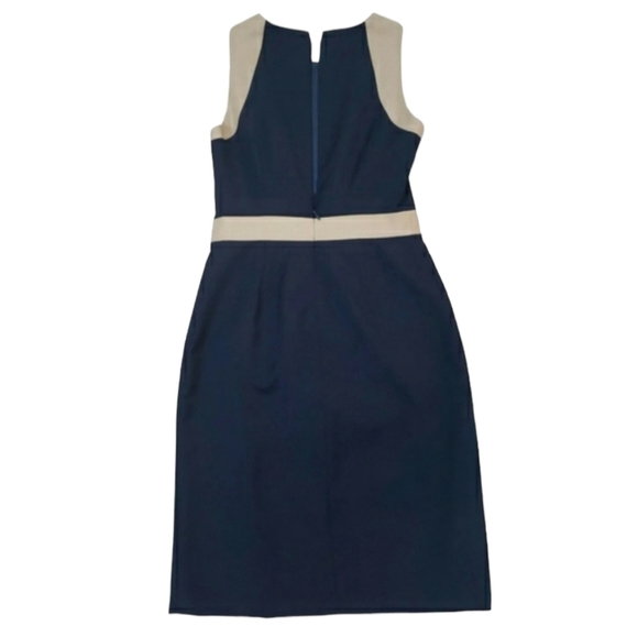 J. Crew~Woman Size 0~Navy Blue/Beige 100% Wool Sheath Lined Dress Sleeveless. - Picture 5 of 9
